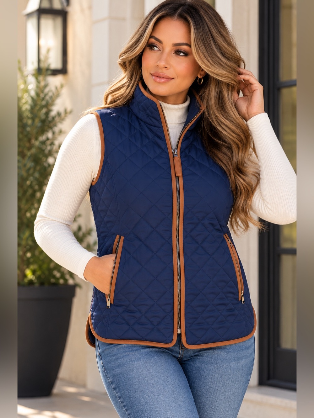 Jason Maxwell Navy Quilted Vest Brown Trim Full Zip Equestrian Preppy